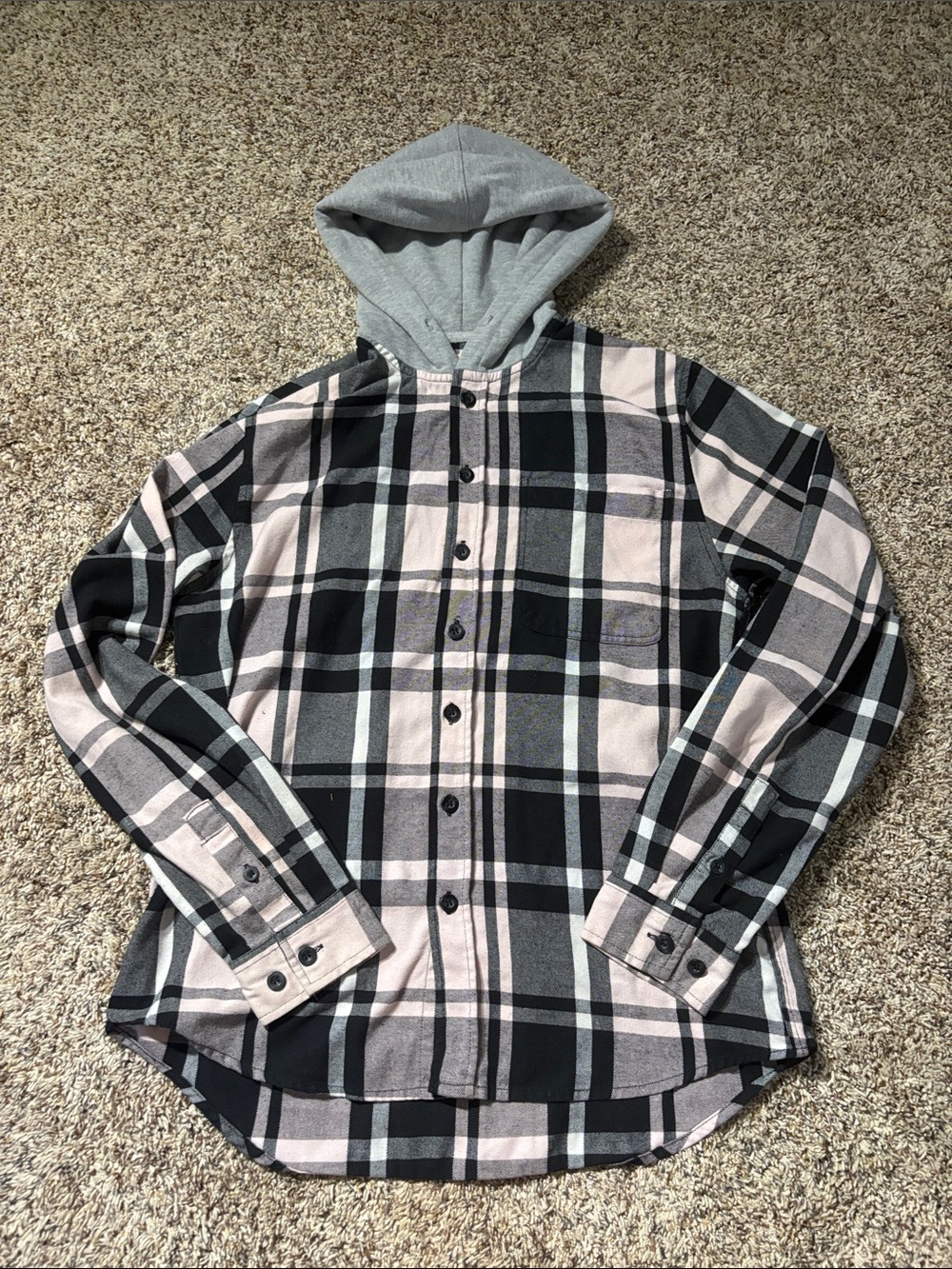 Women’s Hooded Button-Down Plaid Shirt in Gray & Pink